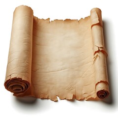 High-Resolution Image of Aged Rolled Parchment Scroll with Torn Edges, Isolated on White Background