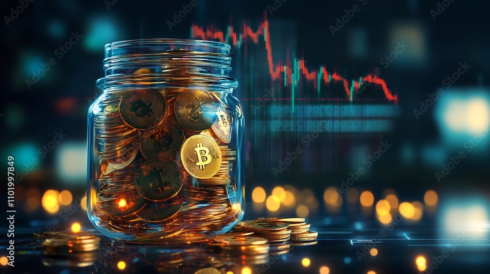 Poster glass jar with glowing coins and financial charts floating above investment proposal and saving conc