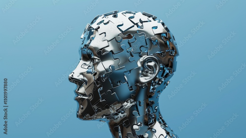 Poster a chrome-finished human head made from puzzle pieces, depicted in a side profile. the futuristic 3d 