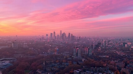 Fototapeta premium Stunning panoramic cityscape at sunrise, vibrant pink and orange sky, hazy cityscape.