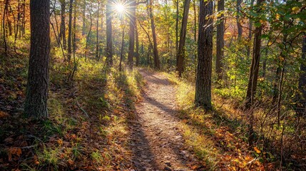 Sunlit autumn forest path.