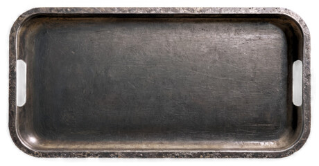 Dark and weathered rectangular metal plate on transparent background with visible cracks, frayed edges, and ominous atmosphere.