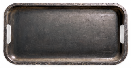 Dark and weathered rectangular metal plate on transparent background with visible cracks, frayed edges, and ominous atmosphere.