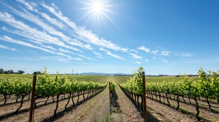 Naklejka premium Sunny vineyard landscape with rows of grapevines under a bright blue sky.
