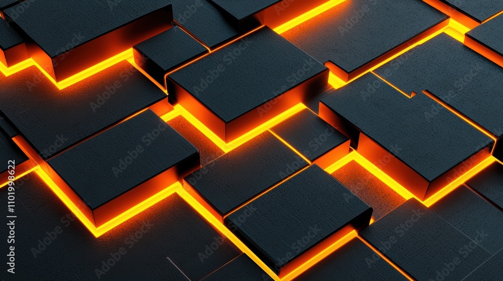 Poster a visually striking abstract design featuring dark blocks with glowing orange accents, creating a mo