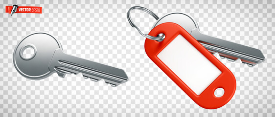 Vector realistic illustration of keys with an empty red label on a transparent background.