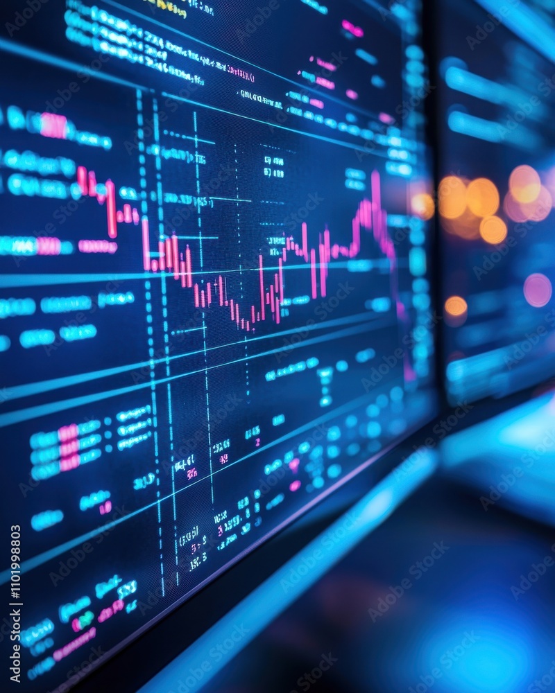 Poster a computer monitor displays a graph of stock prices