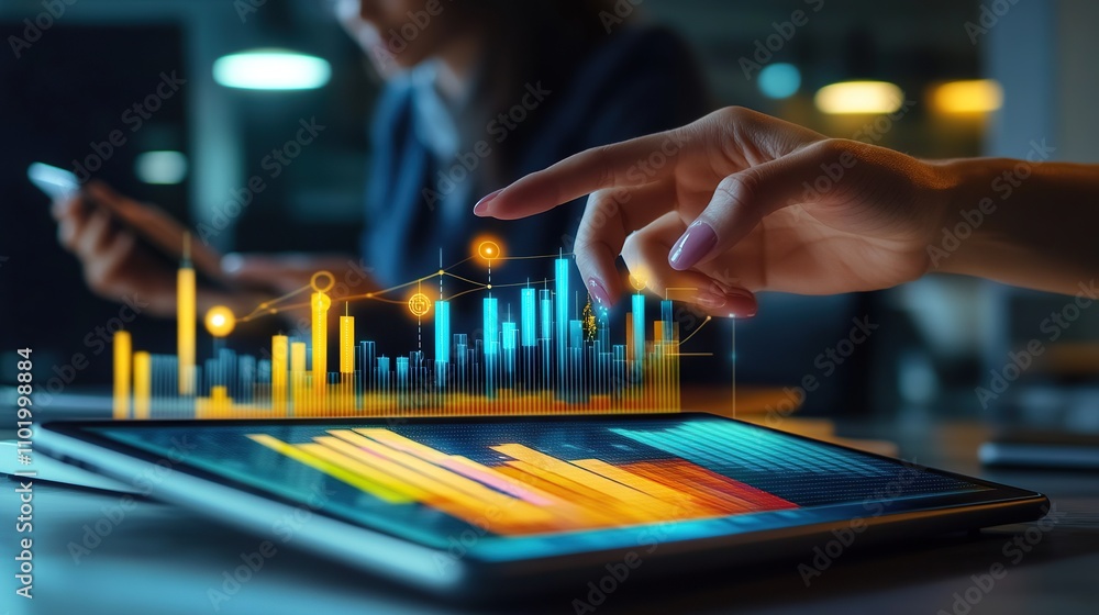 Poster a business professional analyzes data on a tablet with graphical visuals.