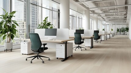 A large office with many desks and chairs