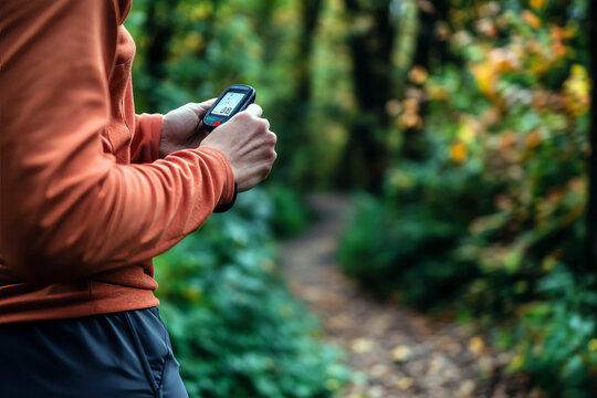 A diabetes patient exercising outdoors, holding a glucometer in hand, focusing on self-management and health.