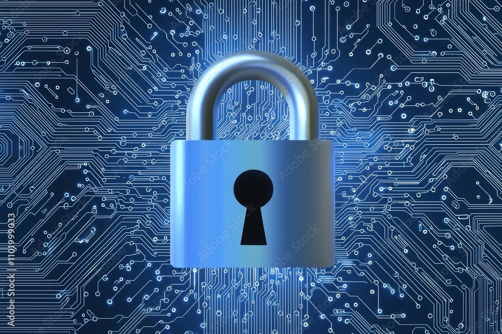 Poster a digital padlock over a circuit board background, symbolizing cybersecurity and data protection.