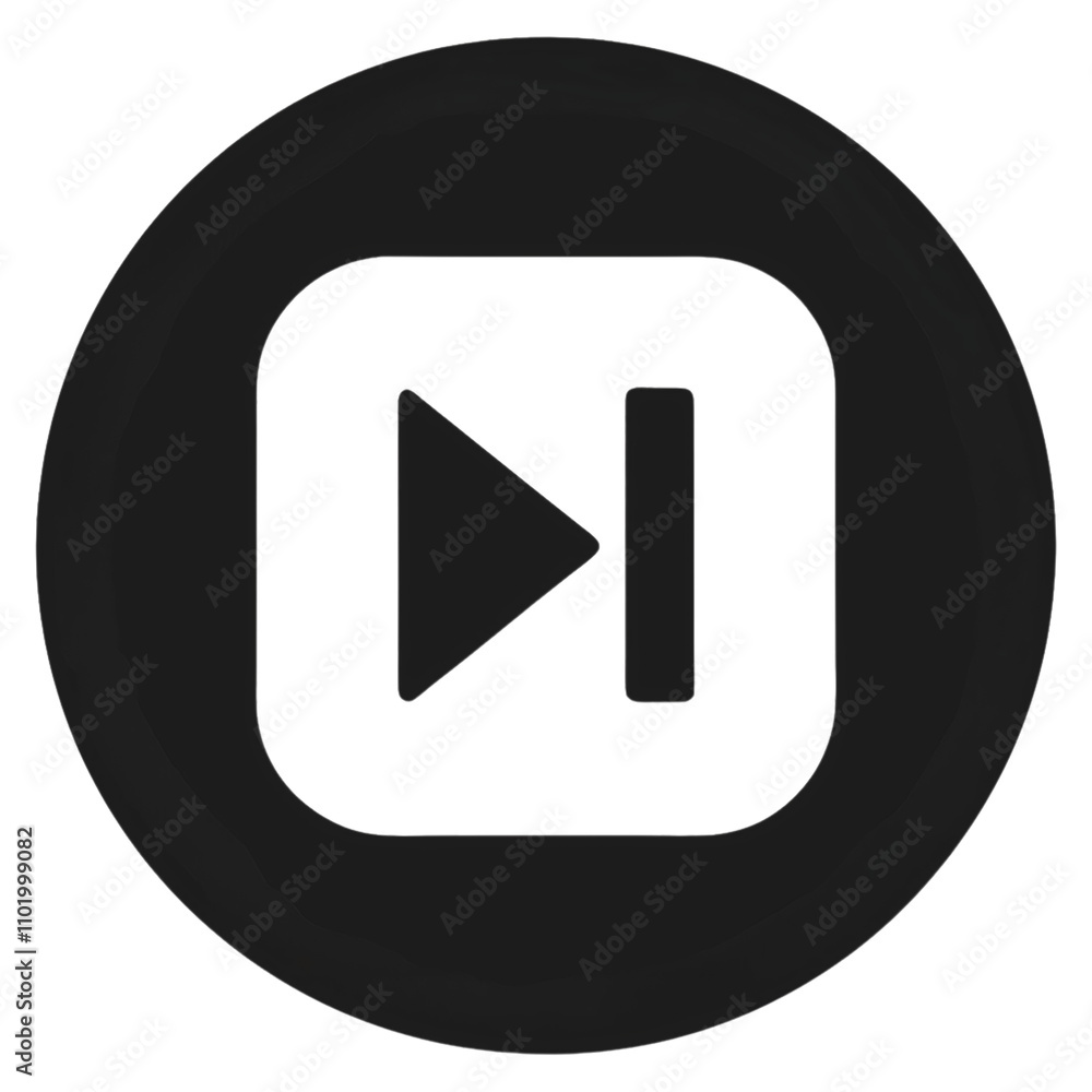 Poster a black circular button featuring a right-facing triangular play symbol paired with a vertical line,