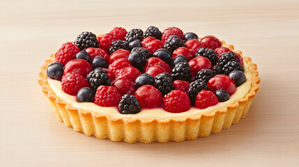 beautifully arranged berry tart featuring vibrant raspberries, blueberries, and blackberries atop creamy filling, perfect for dessert lovers
