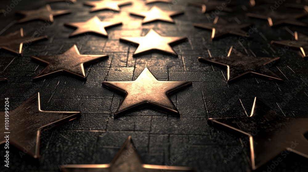 Poster a visually striking arrangement of bronze stars on a dark textured surface, creating an elegant and 