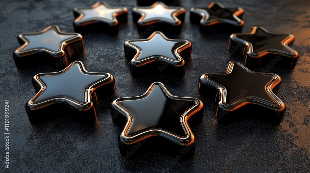 Poster a cluster of glossy black star-shaped objects with a metallic outline positioned on a textured surfa