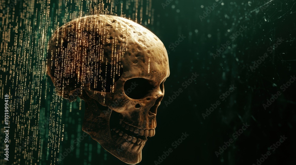 Poster a haunting skull emerges from a backdrop of cascading digital data, merging themes of mortality and 