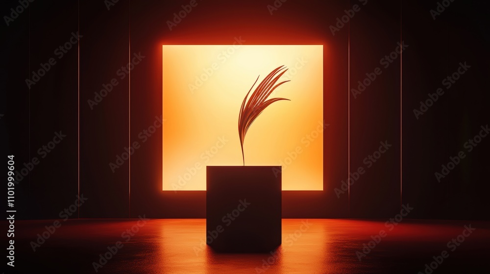 Poster a minimalistic scene featuring a feather emerging from a dark box against a glowing orange backgroun