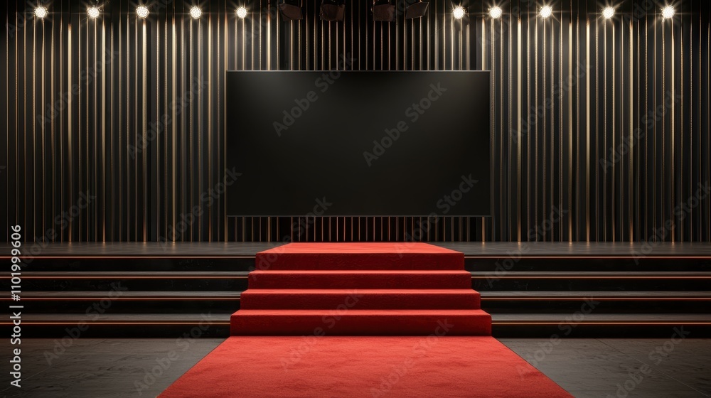 Poster a modern stage with a red carpet and a blank backdrop, illuminated by lights, ready for an event or 