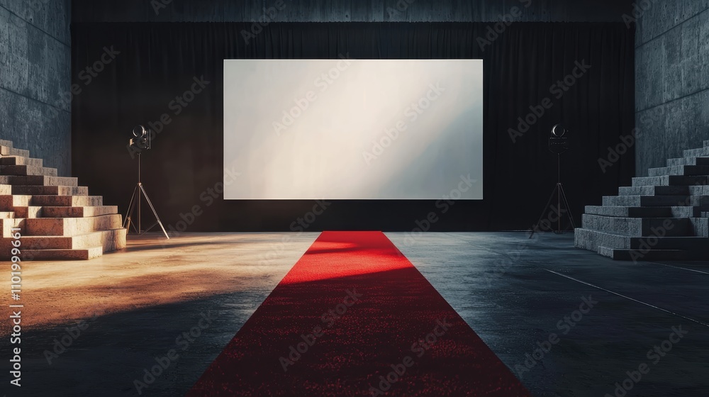 Poster a minimalist event space featuring a red carpet leading to a large projection screen, surrounded by 