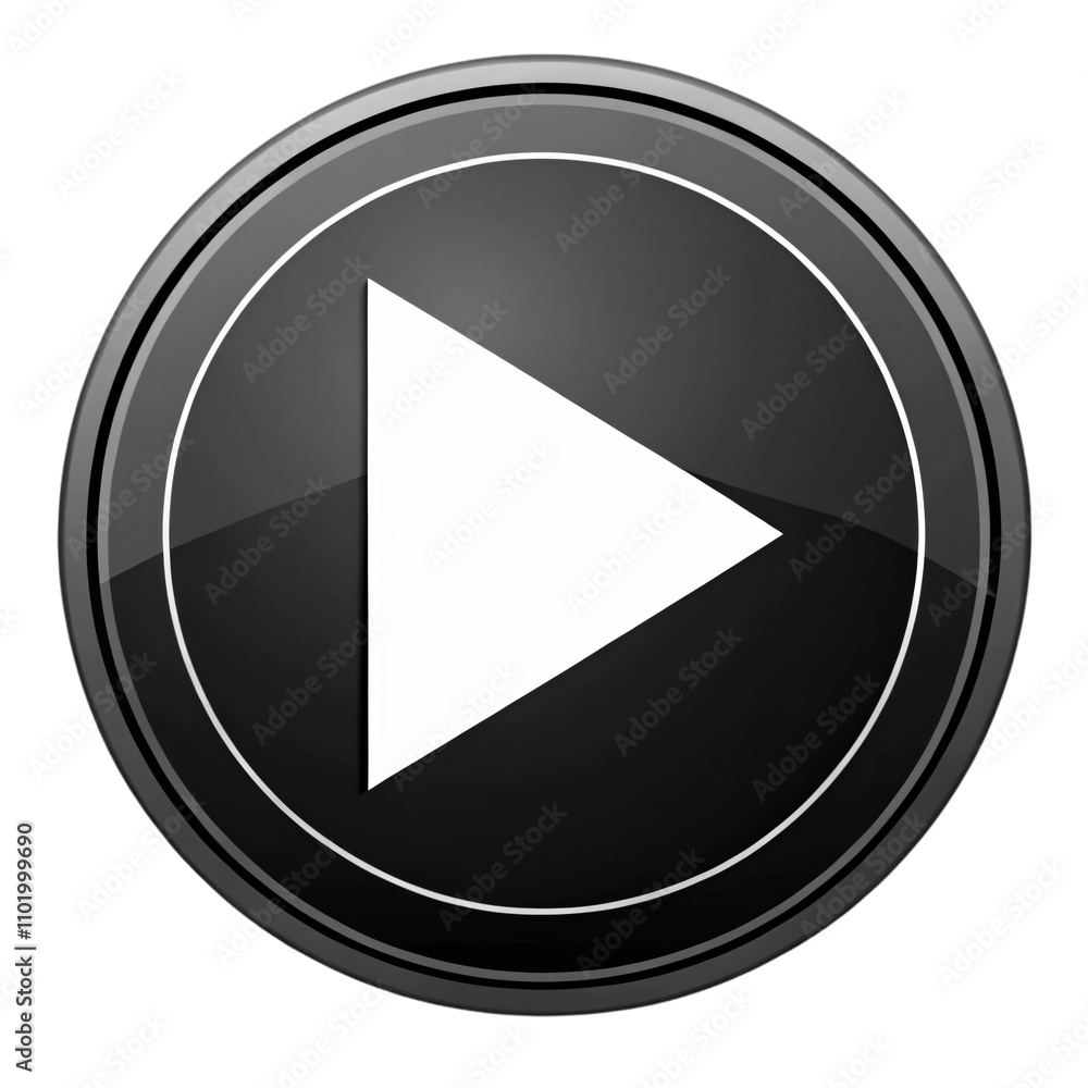Poster a glossy black circular button with a white triangular play symbol, encased within thin, double-line