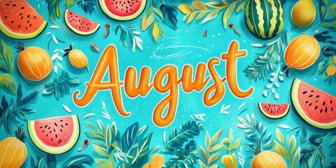Vibrant August Banner with Watermelon and Peach Icons