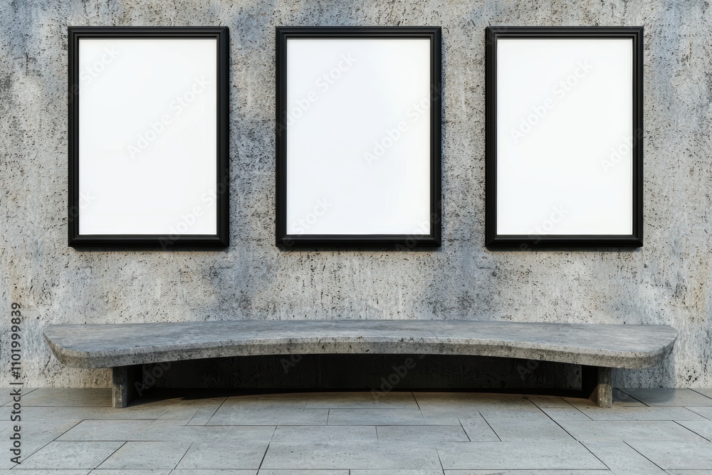 Poster a minimalist display featuring three empty frames on a textured wall above a curved concrete bench.