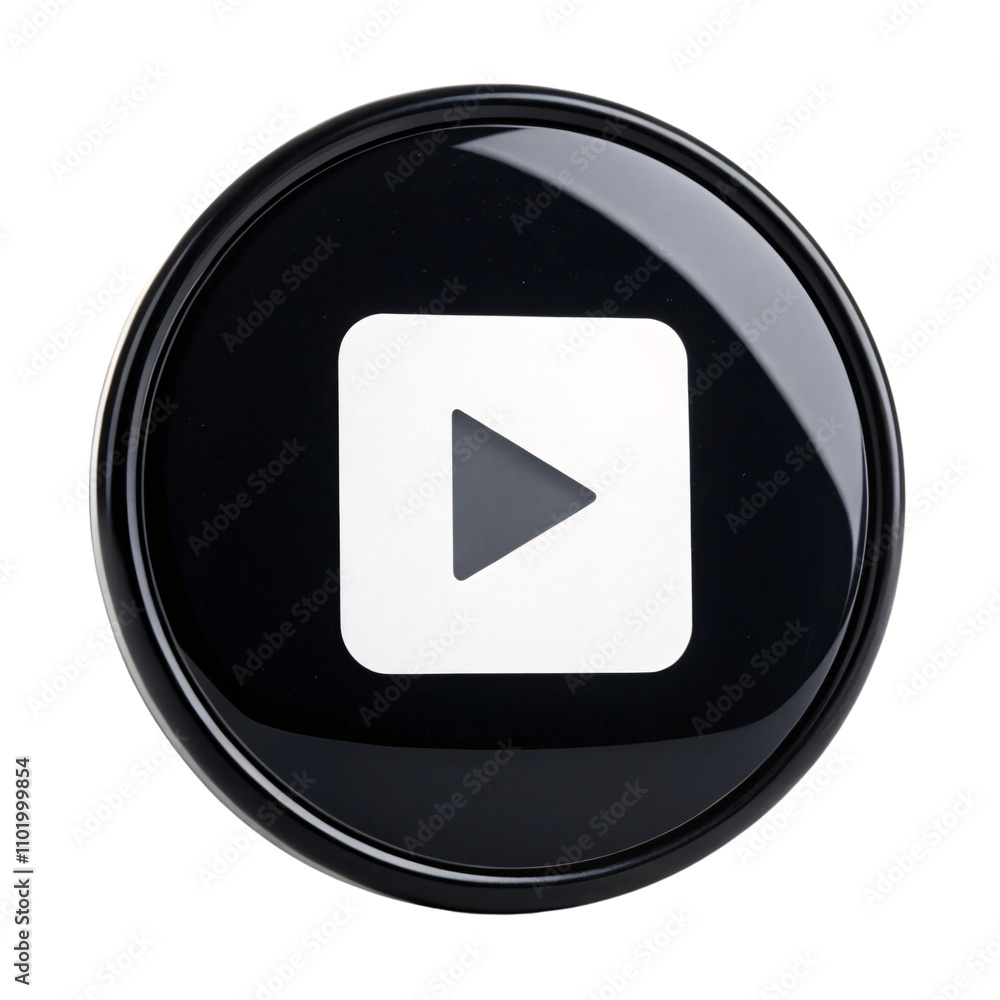 Poster a sleek black circular button with a white play icon, polished and reflective in appearance, isolate