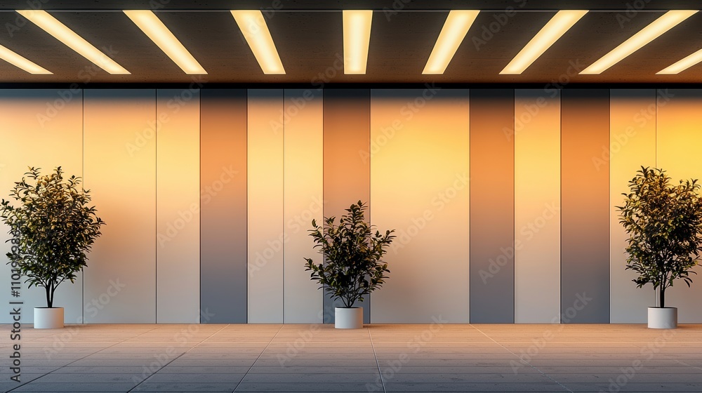 Poster a serene modern space featuring two potted trees against a softly illuminated striped wall, creating