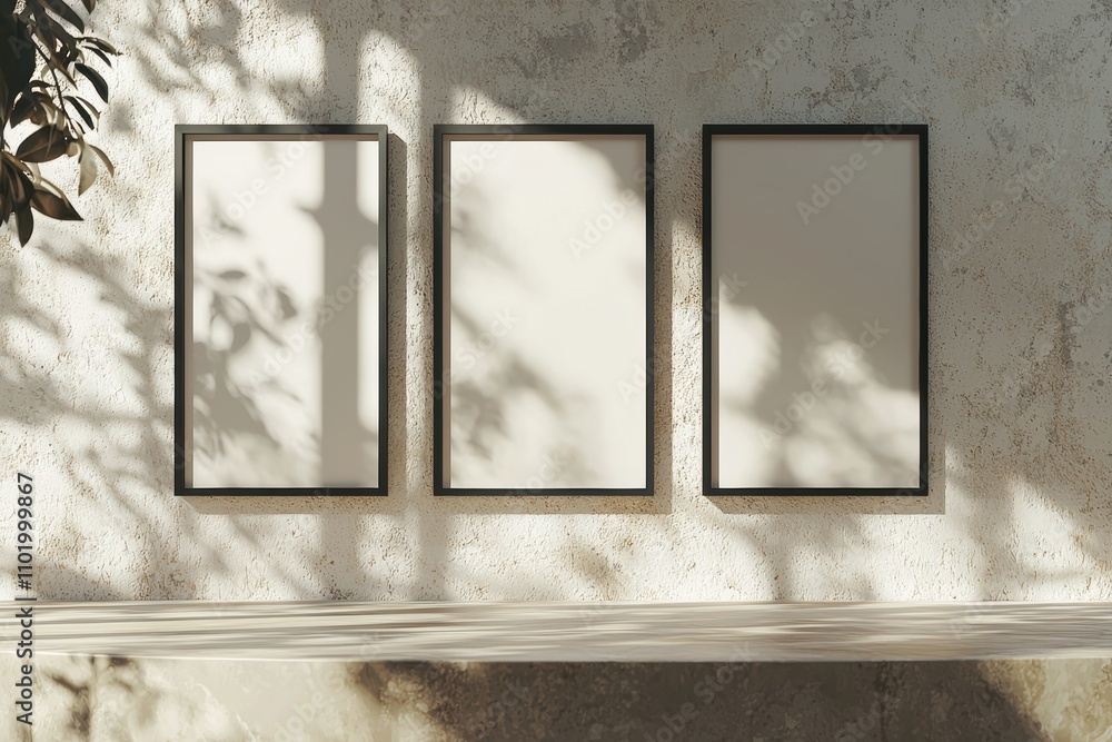 Poster a minimalist display featuring three empty frames against a textured wall, illuminated by natural li