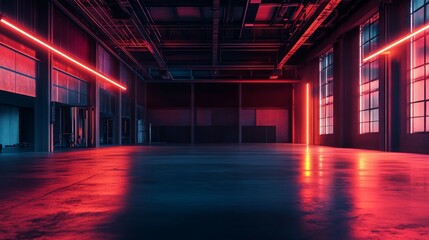 Fototapeta premium Empty industrial hall, modern ambient with neon lights