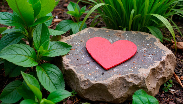Red heart decoration on stone surrounded by greenery, romantic garden setting, copy space, Valentine's Day Celebration background - Powered by Adobe