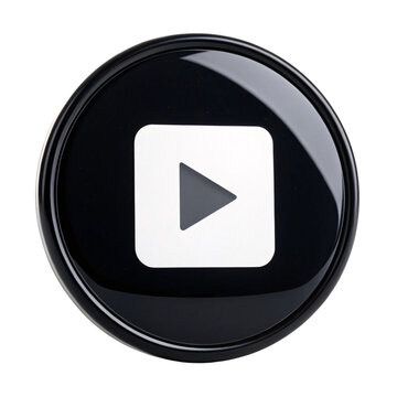 A sleek black circular button with a white play icon, polished and reflective in appearance, isolated on a transparent background