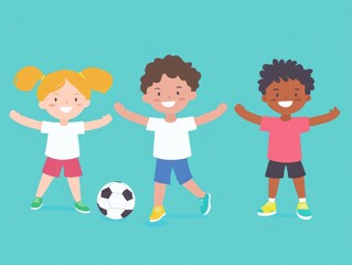 Childsport education, team exercise with child participation and copy space, flat design illustration
