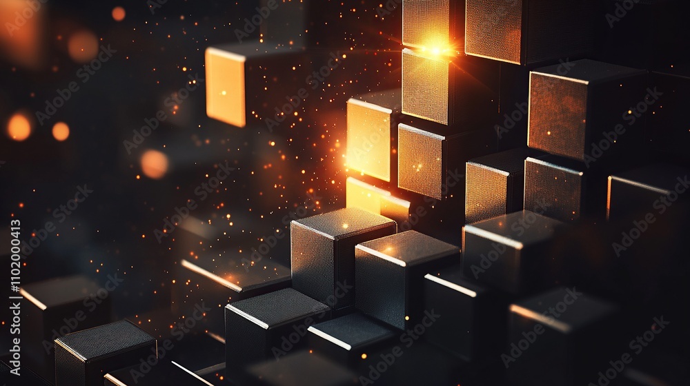 Poster abstract representation of cubes with glowing highlights and particles.