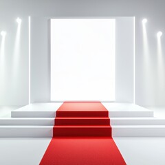 A minimalist stage with a red carpet and bright white backdrop, ideal for events or presentations.