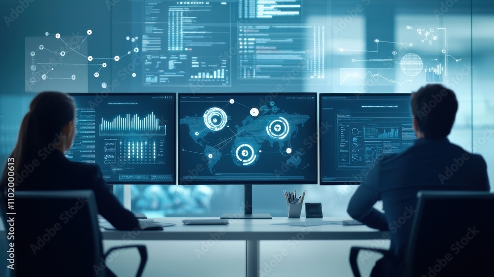 Poster two people are sitting at a desk with three computer monitors in front of them