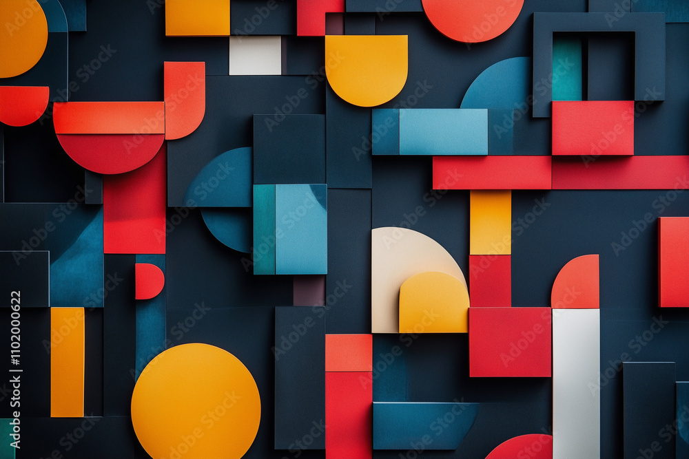 Poster colorful abstract design made of squares and circles. the colors are bright and bold, creating a sen