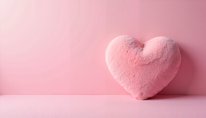 Fototapeta premium Fluffy pink heart-shaped pillow on a soft pink background with copy space, Valentine's Day Celebration background