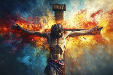 Dramatic Digital Composition of Jesus Christ on the Cross with a Crown of Thorns Amid Fiery and Vibrant Background