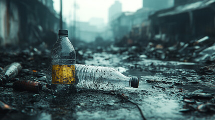 A plastic bottle abandoned in nature, highlighting pollution and environmental issues against nature backdrop.