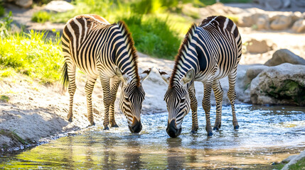 Two zebras drinking from a river at a watering hole, standing on sandy ground with a grassy bank and flowing water