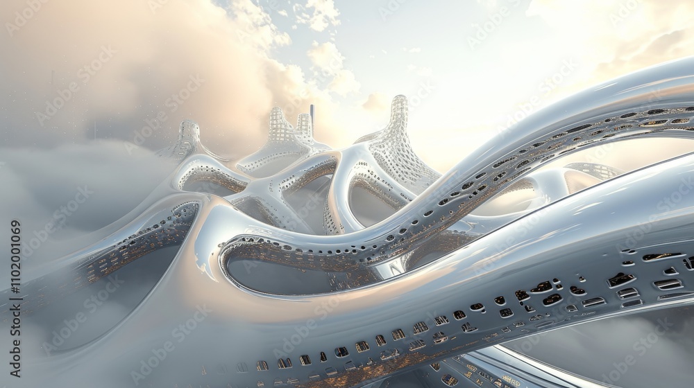 Poster a smooth, futuristic architectural design rises through a cloud-filled landscape. the sleek white st