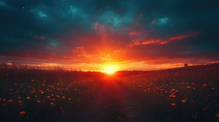 Fototapeta premium Vibrant sunset over a field of wildflowers, with a path leading towards the horizon.