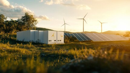 Concept of energy storage batteries system, wind power, wind turbines and Li-ion battery container, and solar panels in the background. Panoramic view with copy space