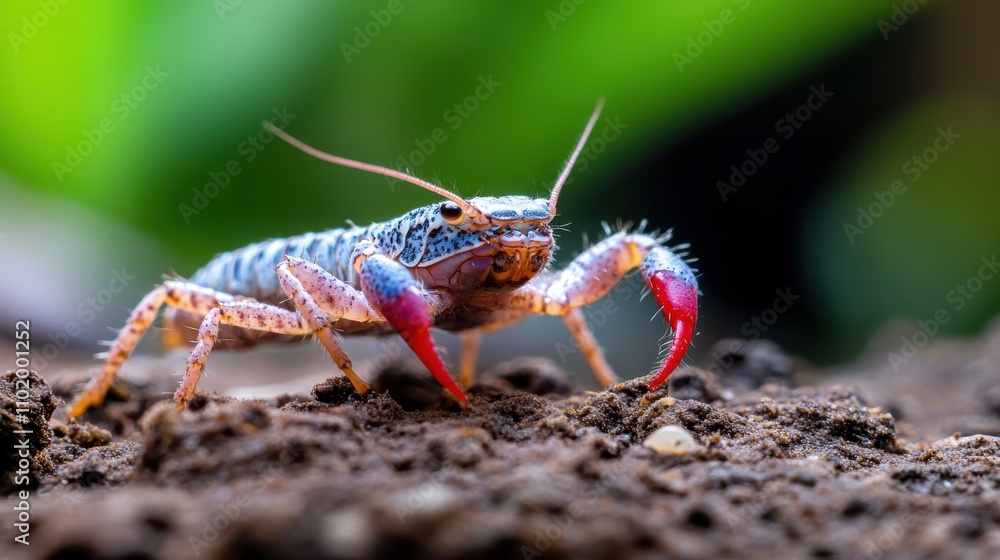Poster a macro image captures a vividly colored crab perched on a rocky surface, showcasing detailed featur