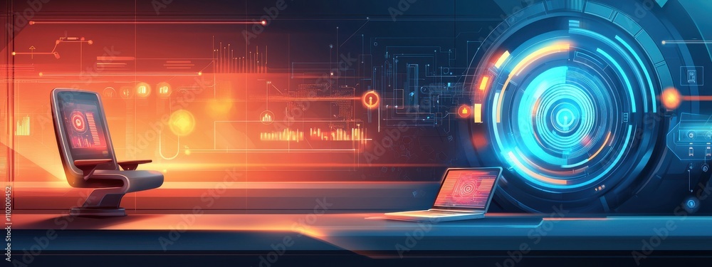 Poster a computer monitor is on a desk with a chair next to it