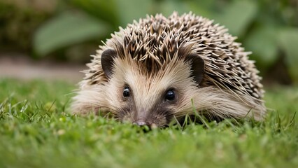 Fototapeta premium Close-Up of a Hedgehog Curled in a Garden Bed of Grass