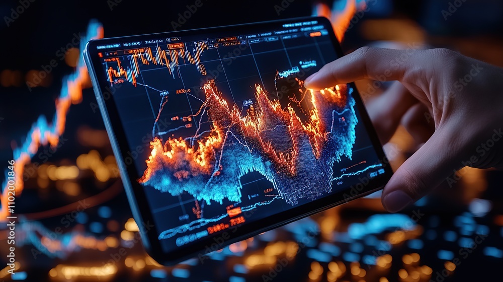 Poster a hand interacting with a digital tablet displaying financial data graphs.