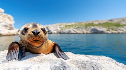 Fototapeta premium An alert seal emerges from the water onto sunlit rocks, its shiny wet fur gleaming, framed by the clear blue sky and rocky shoreline in the background.