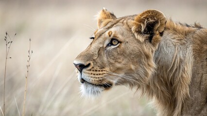 Obraz premium Lion's whiskers twitching with sensitivity and alertness, close up photography, predator senses, big cat behavior, safari photography, wild nature